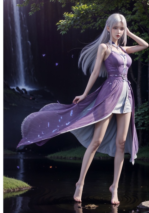  masterpiece,best quality,official art,extremely detailed CG unity 8k wallpaper,1girl, white hair, purple eyes, angry, frown, purple fire,full body, barefoot, dress, dark, hand on hips, waterfall, butterfly, reflection, tree, light rays, caustics, light particles, machinery