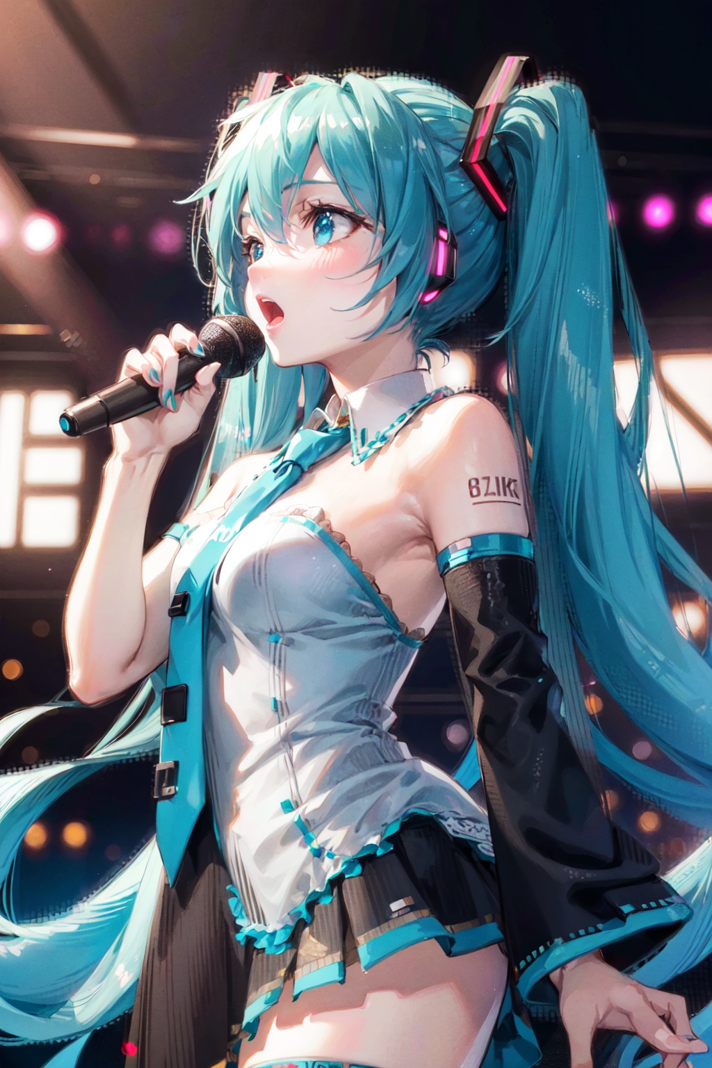 inely detail, Depth of field, (((masterpiece))), ((extremely detailed CG unity 8k wallpaper)), best quality, high resolution illustration, , Amazing, highres, intricate detail, (best illumination, best shadow, an extremely delicate and beautiful),

(((MIKU))), vocal recital/performance, stage, neon lamp, Singing suit