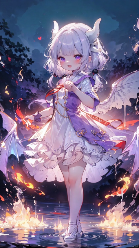 (fiery background,4349,4349,4349:1),KannaKamui,Little girl(1.7),aged down,beautiful detailed girl,narrow waist,small breasts,Glowing skin,Spray flames outwards from the entire body,Delicate cute face,School uniform,fiery wings,glowing wings,dragon horns,dragon tail,Flame cloak,Burning clothes,red eyes,beautiful detailed eyes,Glowing eyes,((flaming eye)),((silver purple gradient hair)),((twintails,hair beads)),long hair,flaming hair,Extremely delicate longhair,Thin leg,white legwear garter,Slender fingers,steepled fingers,Shiny nails,(standing,paw pose,Flame Surrounding Hand,Hand emitting flames),mischievous smile(expression),open mouth,fangs out,beautiful detailed mouth,heart(ornament),garden,fountain,hyper realistic,magic,8k,incredible quality,best quality,masterpiece,highly detailed,extremely detailed CG,cinematic lighting,backlighting,full body,high definition,detail enhancement,(perfect hands, perfect anatomy),detail enhancement