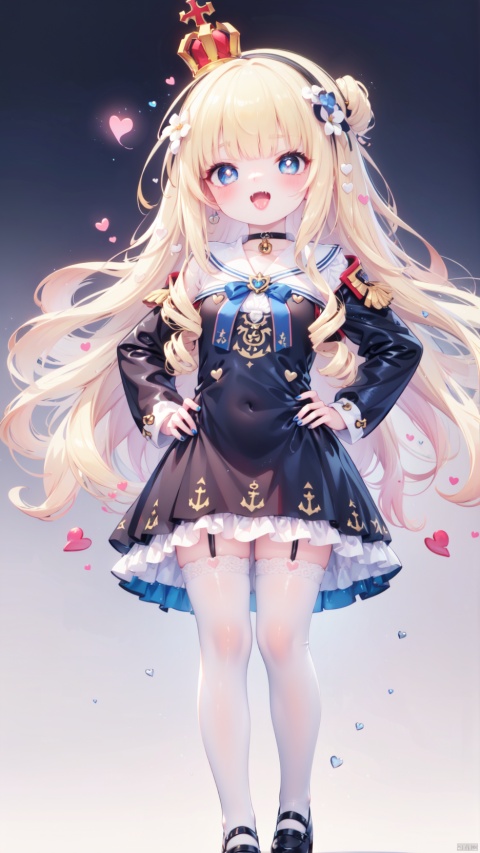 from below,queen elizabeth (azur lane),Little girl(1.5),aged down,beautiful detailed girl,narrow waist,Delicate cute face,princess crown,small crown,anchor choker,(anchor print naval uniform),blue princess dress,ornate clothes,fine fabric emphasis,blue eyes,beautiful detailed eyes,Glowing eyes,((heart-shaped pupils)),((blonde hair)),((hair spread out,wavy hair)),very long shoulder,glowing hair,Extremely delicate hair,Thin leg,white legwear garter,black footwear,Slender fingers,steepled fingers,shiny nails,((standing,hands on hips)),ahegao(expression),smile,open mouth,tongue out,licking lips,drooling,heavy breathing,fangs out,big fangs,puffy cheeks,beautiful detailed mouth,looking down at viewer,anchor (ornament),warship,harbor,royal navy (emblem),royal navy flag,hyper realistic,magic,4k,incredible quality,best quality,masterpiece,highly detailed,extremely detailed CG,cinematic lighting,light particle,backlighting,full body,high definition,detail enhancement,(perfect hands, perfect anatomy),8k_wallpaper,extreme details,colorful