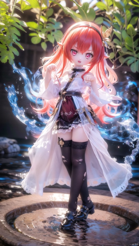 card background,erisc,loli,beautiful detailed girl,narrow waist,very small breasts,Glowing skin,Delicate cute face,bare shoulders,long sleeves,torn dress,broken skirt,torn clothes,broken clothes,transparent clothes,red eyes eyes,beautiful detailed eyes,glowing eyes,(one eye closed),((red hair)),((long hair,hairband)),Glowing hair,Extremely delicate hair,Thin leg,white legwear garter,beautiful detailed fingers,Slender fingers,steepled fingers,Shiny nails,standing,((hand on hips,hand up,paw pose)),mischievous smile(expression),open mouth,tongue out,fangs out,beautiful detailed mouth,looking at viewer,bow(ornament),garden, fountain,hyper realistic,magic,8k,incredible quality,best quality,masterpiece,highly detailed,extremely detailed CG,cinematic lighting,backlighting,full body,high definition,detail enhancement,(perfect hands, perfect anatomy), detail enhancement