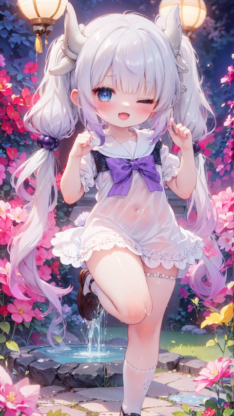 (4349,4349,4349:1),Kanna Kamui,dragon girl,Little girl(1.6),beautiful detailed girl,narrow waist,small breasts,Glowing skin,steaming body,Delicate cute face,dragon tail,school uniform,fine fabric emphasis,ornate clothes,blue eyes,beautiful detailed eyes,Glowing eyes,(one eye closed),((silver purple gradient hair)),((twintails,hair beads)),glowing long hair,Extremely delicate hair,Thin leg,white legwear garter,beautiful detailed fingers,Slender fingers,steepled fingers,Shiny nails,(standing on one leg,hands up,art shift,hands next face,v arms,v),mischievous smile(expression),open mouth,tongue out,fangs out,beautiful detailed mouth,looking at viewer,bow(ornament),garden, fountain,hyper realistic,magic,8k,incredible quality,best quality,masterpiece,highly detailed,extremely detailed CG,cinematic lighting,backlighting,full body,high definition,detail enhancement,(perfect hands, perfect anatomy),detail enhancement