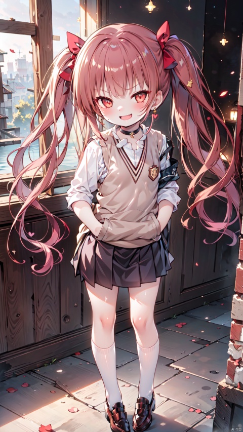  shirai kuroko,Little girl(1.5),aged down,beautiful detailed girl,Glowing skin,Delicate cute face,choker,(tokiwadai school uniform),sweater vest,White shirt,armband,ornate clothes,fine fabric emphasis,collarbone,torn dress,sabotaged clothes,torn clothes,broken clothes,torn shirt,brown eyes,beautiful detailed eyes,Glowing eyes,((raised eyebrow,tsurime)),((brown hair)),((twintails,hair bow)),very long shoulder,glowing hair,Extremely delicate hair,Thin leg,white legwear garter,black footwear,Slender fingers,steepled fingers,shiny nails,((standing,hand in pocket)), jewelry evil grin(expression),Evil smile,open mouth,tongue out,licking lips,drooling,heavy breathing,fangs out,big fangs,puffy cheeks,beautiful detailed mouth,heart (ornament),ruins,broken window,hyper realistic,magic,4k,incredible quality,best quality,masterpiece,highly detailed,extremely detailed CG,cinematic lighting,light particle,backlighting,full body,high definition,detail enhancement,(perfect hands, perfect anatomy),8k_wallpaper,extreme details,colorful, 1girl hair bow, hunv