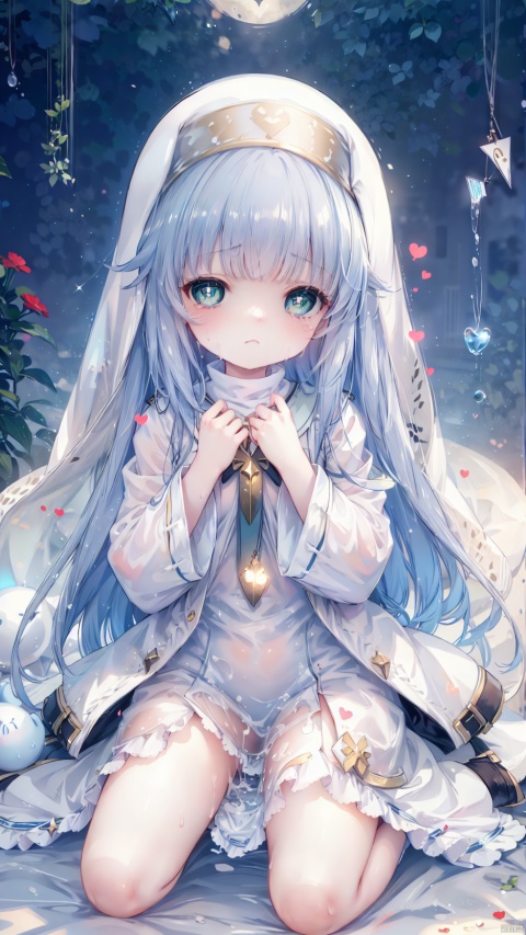  from below,index (toaru majutsu no index),nun,Little girl(1.5),aged down,beautiful detailed girl,narrow waist,(very small breasts),Delicate cute face,cross necklace,(safety pin),nun robe,white robe,long sleeves,wide sleeves,fine fabric emphasis,torn dress,sabotaged clothes,torn clothes,broken clothes,torn shirt,green eyes,beautiful detailed eyes,Glowing eyes,((half-closed eyes,heart-shaped pupils)),((Silver blue hair)),((hair spread out,white nun hat)),very long hair,glowing hair,Extremely delicate hair,Thin leg,bobby socks,Slender fingers,steepled fingers,red nails,((kneeling,wariza,hands on own chest)),tearful(expression),looking up at viewer,teardrop on the face,Tears on the chin,wavy mouth,beautiful detailed mouth,wet and messy,sweat,falling black feathers(ornament),church,stained glass Windows,hyper realistic,magic,4k,incredible quality,best quality,masterpiece,highly detailed,extremely detailed CG,cinematic lighting,light particle,backlighting,full body,high definition,detail enhancement,(perfect hands, perfect anatomy),8k_wallpaper,extreme details,colorful, loli, shuiwa