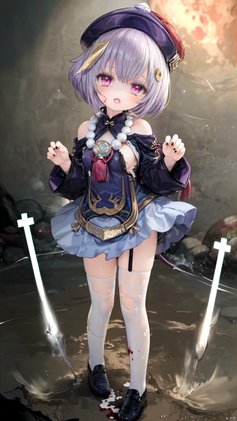 qiqi_(genshin_impact),jiangshi,1girl,petite child(1.5),aged down,extremely delicate and beautiful girls,narrow waist,((very small breasts)),Glowing skin,Delicate cute face,blush sticker,blush,ofuda,qing_guanmao,bead_necklace,fine fabric emphasis,ornate clothes,off shoulder,((sabotaged clothes,torn clothes,broken clothes,torn shirt)),red eyes,beautiful detailed eyes,Glowing eyes,((tsurime)),raised eyebrow,((purple hair)),((Short hair,coin hair ornament)),Glowing hair,Extremely delicate hair,Thin leg,white thighhighs,torn thighhighs,Slender fingers,black nails,(beautiful detailed hands),(standing,hands up,claw pose,attack at viewer),>:(,(expression),raised eyebrows,blood on the face,blood on the chin,open mouth,tongue out,long tongue,mouth drool,big fangs,long fangs,heavy breathing,beautiful detailed mouth,looking at viewer,blood in the mouth,blood on the hair,blood on the face,too blood trail on the breasts,too many blood drip dripping from the body,blood trail on between legs,blood drip(ornament),street,night,red moon,hyper realistic,magic,8k,incredible quality,best quality,masterpiece,highly detailed,extremely detailed CG,cinematic lighting,backlighting,full body,high definition,detail enhancement,(perfect hands, perfect anatomy),det