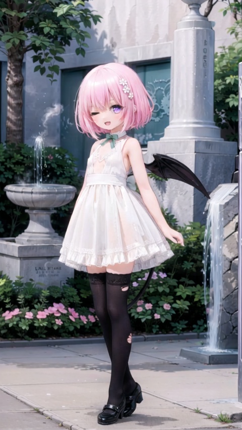  (4349,4349,4349:1),Momo,zettai_ryouiki,Little girl(1.4),beautiful detailed girl,narrow waist,small breasts,Glowing skin,steaming body,Delicate cute face,demon tail,long tail,pink dress,fine fabric emphasis,ornate clothes,torn clothes,glowing wings,transparent wings,purple eyes,beautiful detailed eyes,Glowing eyes,(one eye closed),((pink hair)),((short hair,hair ribbon)),glowing long hair,Extremely delicate longhair,Thin leg,white legwear garter,beautiful detailed fingers,Slender fingers,steepled fingers,Shiny nails,(standing on one leg,hands up,art shift,hands next face,v arms,v),mischievous smile(expression),open mouth,tongue out,fangs out,beautiful detailed mouth,looking at viewer,bow(ornament),garden, fountain,hyper realistic,magic,8k,incredible quality,best quality,masterpiece,highly detailed,extremely detailed CG,cinematic lighting,backlighting,full body,high definition,detail enhancement,(perfect hands, perfect anatomy),detail enhancement
