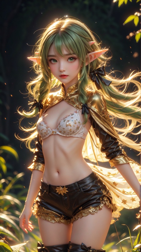 high elf archer (goblin slayer!),1girl,petite child(1.8),aged down,chibi,extremely delicate and beautiful girls,((very small breasts)),narrow waist,Glowing skin,Delicate cute face,blush sticker,blush,cloak,brown cape,green bodysuit,((white bra)),black gloves,short shorts,brown shorts,fine fabric emphasis,ornate clothes,green eyes,beautiful detailed eyes,Glowing eyes,((star in eye)),((green hair)),((sidelocks,hair bow)),Short hair,Extremely delicate hair,Thin leg,thighhighs,thigh boots,Slender fingers,steepled fingers,(beautiful detailed hands),((holding Short Bow,sleeve bow)),mischievous smile(expression),looking at viewer,open mouth,beautiful detailed mouth,fangs out,long fangs,black bow(ornament),forest,vines,hyper realistic,magic,4k,incredible quality,best quality,masterpiece,highly detailed,extremely detailed CG,cinematic lighting,light particle,backlighting,full body,high definition,detail enhancement,(perfect hands, perfect anatomy),8k_wallpaper,extreme details,colorful,no erune, (\shen ming shao nv\)