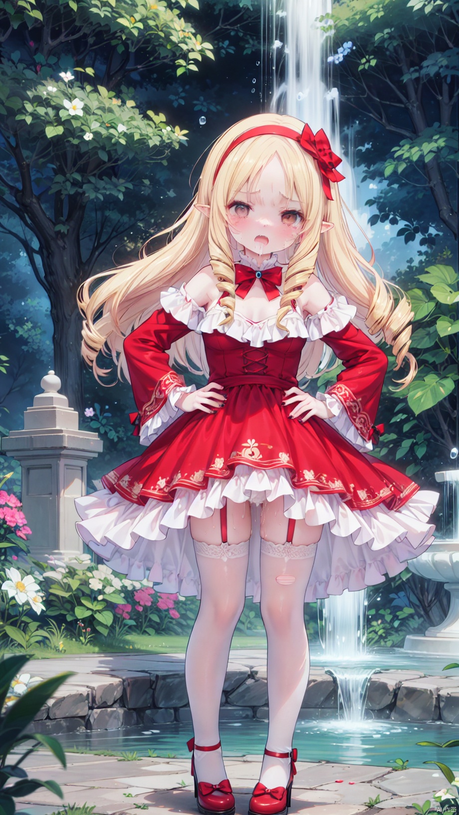 (4349,4349,4349:1), yamada elf,Little girl(1.4),aged down,beautiful detailed girl,narrow waist,very small breasts,Glowing skin,steaming body,Delicate cute face,pointy ears,pink dress,fine fabric emphasis,ornate clothes,torn clothes,**********,off_shoulder,brown eyes,beautiful detailed eyes,Glowing eyes,((blonde hair)),((drill hair,red bow hairband)),parted bangs,forehead,long hair,glowing long hair,Extremely delicate longhair,Thin leg,white legwear garter,beautiful detailed fingers,Slender fingers,steepled fingers,Shiny nails,(standing,hands on hips),tearful(expression),teardrop on the face,Tears on the chin,open mouth,wavy mouth,mouth drool,screaming,heavy breathing,beautiful detailed mouth,looking at viewer,semen in the mouth,semen on the hair,semen on the face,too many semen on the breasts,too many semen dripping from the body,blood on between legs,semen(ornament),garden, fountain,hyper realistic,magic,8k,incredible quality,best quality,masterpiece,highly detailed,extremely detailed CG,cinematic lighting,backlighting,full body,high definition,detail enhancement,(perfect hands, perfect anatomy),detail enhancement,