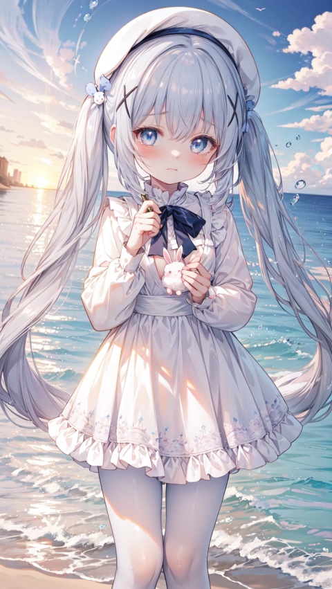  kafuu_chino,1girl,petite child(1.5),aged down,extremely delicate and beautiful girls,narrow waist,((very small breasts)),Glowing skin,Delicate cute face,blush sticker,blush,white beret,enmaided,puffy long sleeves,blue dress,white shirt,blue bow,fine fabric emphasis,ornate clothes,blue eyes,beautiful detailed eyes,Glowing eyes,((tsurime)),((Silver blue hair)),((twintails,x hair ornament)),very long hair,Glowing hair,Extremely delicate hair,Thin leg,white pantyhose,Slender fingers,steepled fingers,beautiful detailed hands,((Holding a white rabbit)),tearful(expression),teardrop on the face,Tears on the chin,wavy mouth,drooling,humiliation,puffy cheeks,beautiful detailed mouth,looking at viewer,stuffed bunny(ornament),shore,beach,sunset,hyper realistic,magic,4k,incredible quality,best quality,masterpiece,highly detailed,extremely detailed CG,cinematic lighting,backlighting,undercut,high definition,detail enhancement,(perfect hands, perfect anatomy),8k_wallpaper,colorful, kafuu_chino, loli, mirrornun