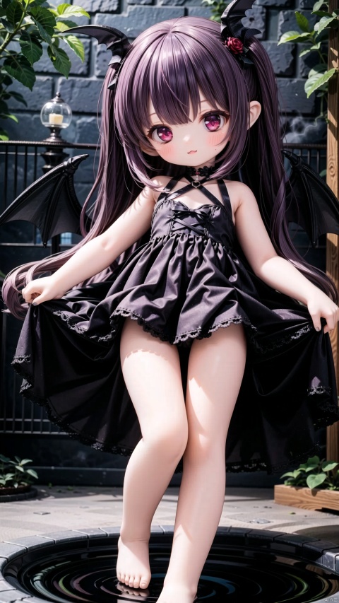 koakuma,female child,Little girl（1.5）,aged down,beautiful detailed girl,narrow waist,small breasts,Glowing skin,steaming body,demon horns,demon tail,bat wings,transparent wings,Delicate cute face,Black and red Gothic skirt,fine fabric emphasis,ornate clothes,red Eyes,beautiful detailed eyes,Glowing eyes,one eye closed,((Deep purple hair)),long hair,wavy hair,glowing hair,Extremely delicate longhair,bat hair ornament,Red Heart Necklace,bare legs,Thin leg,white kneehighs,bare arms,Slender fingers,steepled fingers,Shiny nails,mischievous smile(expression),hands on hips,bent over,:3,beautiful detailed lips,face is covered in blood,blood trail(ornament),garden, fountain,hyper realistic,magic,8k,incredible quality,best quality,masterpiece,highly detailed,extremely detailed CG,cinematic lighting