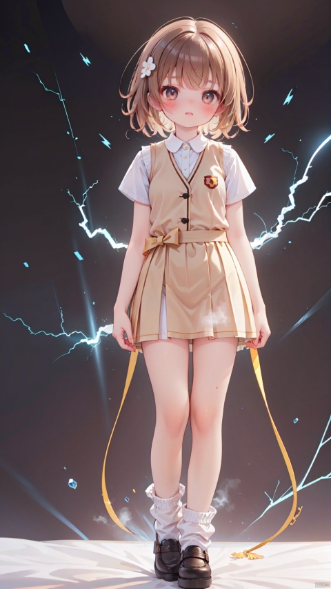 lightning background,misaka mikoto,Little girl(1.5),aged down,beautiful detailed girl,Glowing skin,steaming body,narrow waist,(very small breasts),Delicate cute face,blush sticker,blush,(tokiwadai school uniform),sweater vest,White shirt,electric arc surrounds the entire body,Body releases lightning outward,Purple electric arc injected into the girl's body,fine fabric emphasis,brown eyes,beautiful detailed eyes,Glowing eyes,((raised eyebrow,tsurime)),((brown hair)),((hair spread out,floating hair)),short hair,glowing hair,Extremely delicate hair,Thin leg,white loose socks,brown footwear,Slender fingers,steepled fingers,shiny nails,(beautiful detailed hands),((electricity Surrounding Hand,Hand emitting electricity)), >:((expression),raised eyebrow,scowl,v-shaped eyebrows,clenched teeth,scowl at viewer,beautiful detailed mouth,lightning(ornament),bedroom,bed,too many electricity,hyper realistic,magic,4k,incredible quality,best quality,masterpiece,highly detailed,extremely detailed CG,cinematic lighting,light particle,backlighting,full body,high definition,detail enhancement,(perfect hands, perfect anatomy),8k_wallpaper,finely detailed,extreme details,colorful,misaka_mikoto, (\shen ming shao nv\)