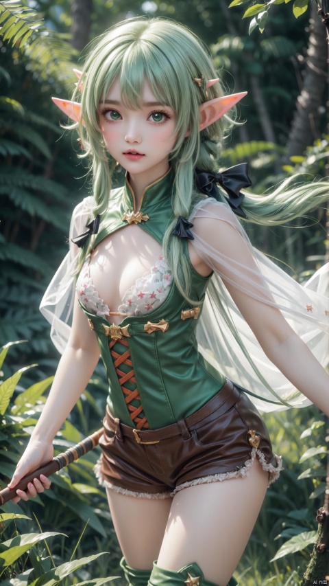 high elf archer (goblin slayer!),elf,1girl,petite child(1.5),aged down,extremely delicate and beautiful girls,((very small breasts)),narrow waist,Glowing skin,Delicate cute face,blush sticker,blush,cloak,brown cape,green bodysuit,shirt under shirt,((green bra)),black gloves,short shorts,brown shorts,fine fabric emphasis,ornate clothes,green eyes,beautiful detailed eyes,Glowing eyes,((star in eye)),((green hair)),((sidelocks)),Short hair,Extremely delicate hair,Thin leg,black thighhighs,thigh boots,Slender fingers,steepled fingers,(beautiful detailed hands),(holding weapon,bow \(weapon\),arrow \(projectile\)),mischievous smile(expression),looking at viewer,open mouth,beautiful detailed mouth,fangs out,long fangs,black bow(ornament),forest,vines,hyper realistic,magic,4k,incredible quality,best quality,masterpiece,highly detailed,extremely detailed CG,cinematic lighting,light particle,backlighting,full body,high definition,detail enhancement,(perfect hands, perfect anatomy),8k_wallpaper,extreme details,colorful,