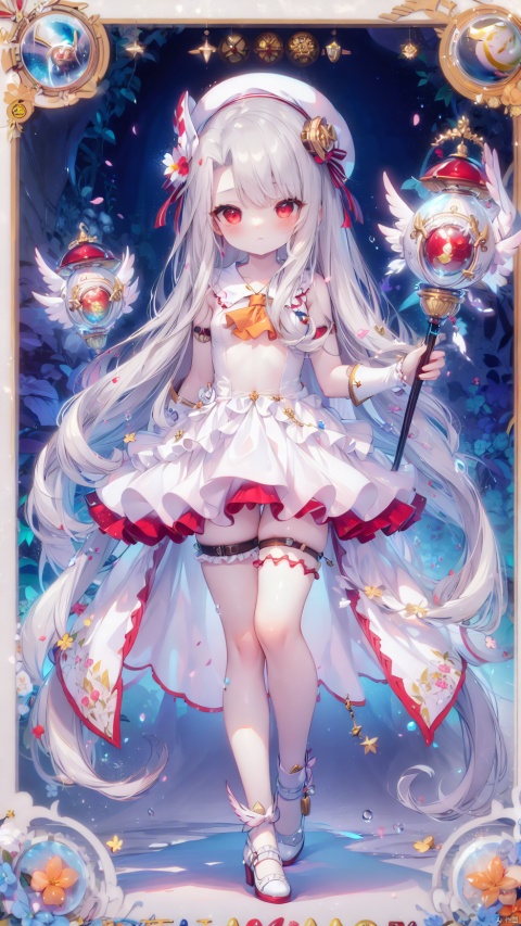 card background,prisma illya,illyasviel von einzbern (beast style),magical girl,1girl,petite child(1.5),aged down,chibi,extremely delicate and beautiful girls,narrow waist,((very small breasts)),Glowing skin,white beret,Delicate cute face,blush sticker,blush,serafuku,ascot,ornate clothes,fine fabric emphasis,red eyes,beautiful detailed eyes,Glowing eyes,((raised eyebrow)),((Silver hair)),((hair spread out,ribbon hair)),long hair,Glowing hair,Extremely delicate hair,Thin leg,striped_legwear,Slender fingers,steepled fingers,(beautiful detailed hands),((art shift,holding wand of Magic Ruby)),jitome(expression),puckered lips,looking down at viewer,puffy cheeks,beautiful detailed mouth,falling feathers(ornament),garden,pool,hyper realistic,magic,4k,incredible quality,best quality,masterpiece,highly detailed,extremely detailed CG,cinematic lighting,backlighting,full body,high definition,detail enhancement,(perfect hands, perfect anatomy),8k_wallpaper,extreme details,colorful