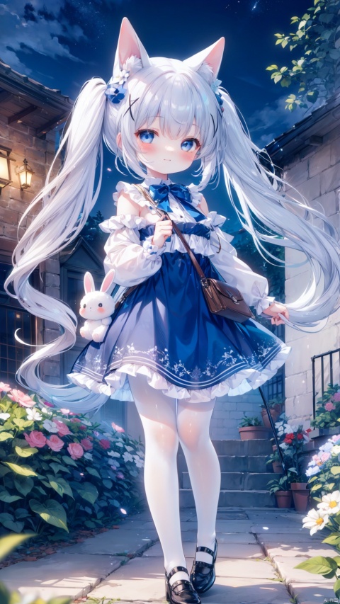 kafuu_chino,1girl,petite child(1.5),aged down,extremely delicate and beautiful girls,narrow waist,((very small breasts)),Glowing skin,Delicate cute face,blush sticker,blush,enmaided,puffy long sleeves,blue dress,white shirt,blue bow,rabbit shoulder bag,fine fabric emphasis,ornate clothes,blue eyes,beautiful detailed eyes,Glowing eyes,(half-closed eyes),((tsurime)),((Silver blue hair)),((twintails,x hair ornament)),very long hair,Glowing hair,Extremely delicate hair,Thin leg,white pantyhose,Slender fingers,steepled fingers,beautiful detailed hands,mischievous smile(expression),standing,looking down at viewer,:3,puffy cheeks,beautiful detailed mouth,stuffed bunny(ornament),garden,fountain,hyper realistic,magic,8k,incredible quality,best quality,masterpiece,highly detailed,extremely detailed CG,cinematic lighting,backlighting,full body,high definition,detail enhancement,(perfect hands, perfect anatomy),8k_wallpaper,colorful