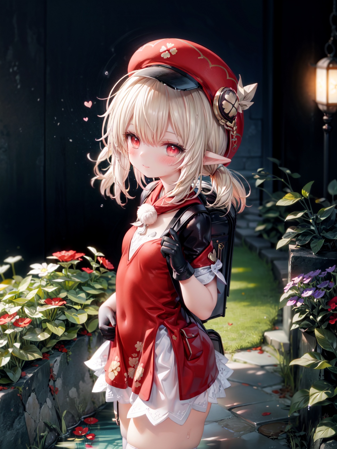  waving, klee (genshin impact),ornate clothes, gloves, hat, low twintails, blonde hair, small breasts, pointy ears, looking at viewer, Red Elementary school backpack, heart, blush, ((red eyes)), Glowing eyes, White semen on the face, White semen dripping from the body, delicate and lovely face, cute smile(expression), thighhighs, Thin leg, wet and messy, sweat,Red bomb(ornament), meadow, clear sky, magic, best quality, masterpiece, extremely detailed CG, 8k_wallpaper