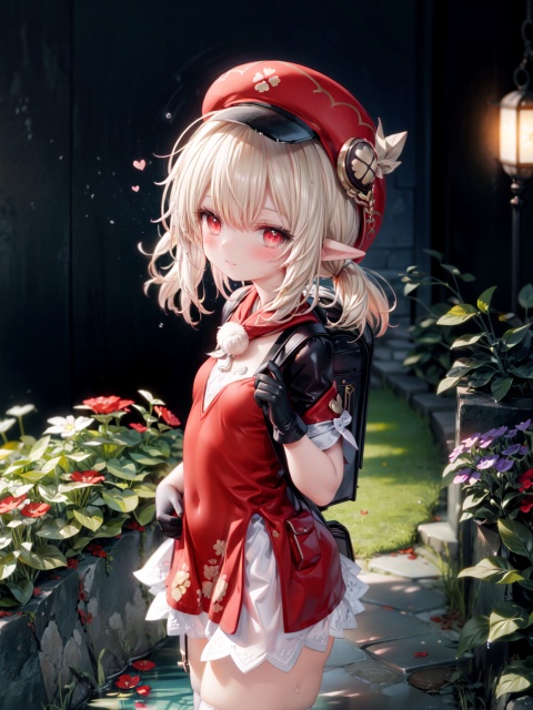  waving, klee (genshin impact),ornate clothes, gloves, hat, low twintails, blonde hair, small breasts, pointy ears, looking at viewer, Red Elementary school backpack, heart, blush, ((red eyes)), Glowing eyes, White semen on the face, White semen dripping from the body, delicate and lovely face, cute smile(expression), thighhighs, Thin leg, wet and messy, sweat,Red bomb(ornament), meadow, clear sky, magic, best quality, masterpiece, extremely detailed CG, 8k_wallpaper