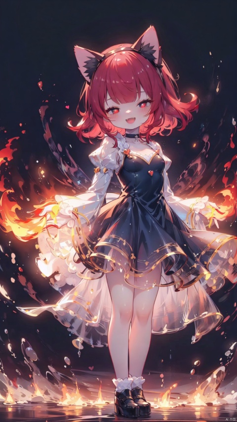 fiery background,annie (league of legends),Little girl(1.5),aged down,beautiful detailed girl,narrow waist,(very small breasts),Spray flames outwards from the entire body,Delicate cute face,choker,teddy bear,randoseru,gothic dress,red and black dress,fine fabric emphasis,Burning clothes,red eyes,beautiful detailed eyes,Glowing eyes,((half-closed eyes,heart-shaped pupils)),((red hair)),((hair spread out,cat ear hairband)),hair over shoulder,glowing hair,Extremely delicate hair,Thin leg,bobby socks,Slender fingers,steepled fingers,Shiny nails,(standing,spell,Flame Surrounding Hand,Hand emitting flames),mischievous smile(expression),:d,open mouth,tongue out,fangs out,long fang,beautiful detailed mouth,fire(ornament),ruins,broken window,magma,hyper realistic,magic,8k,incredible quality,best quality,masterpiece,highly detailed,extremely detailed CG,cinematic lighting,backlighting,full body,high definition,detail enhancement,(perfect hands, perfect anatomy)