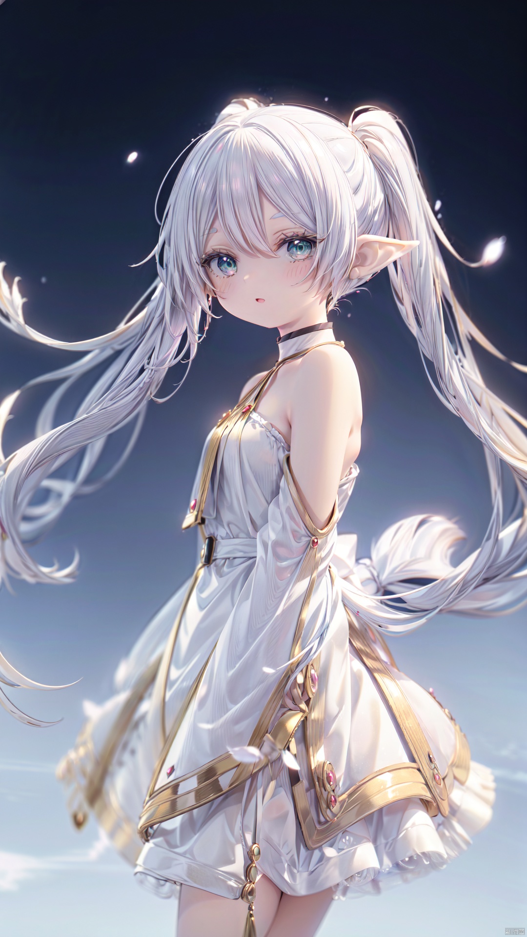 (cowboy shot,very long hair,4349:1),standing,Frieren at the Funeral,elf,little girl(1.5),aged down,beautiful detailed girl,small breasts,steaming body,Glowing skin,Delicate cute face,white Mage Robe,fine fabric emphasis,ornate clothes,(green Eyes),heart-shaped_pupils,beautiful detailed eyes,Glowing eyes,narrowed eyes,looking at viewer,((white gradient hair)),twintails,long hair,Extremely delicate hair,Star shaped pendant,bare legs,Thin leg,bare arms,Slender fingers,steepled fingernails,mischievous smile(expression),hands on own cheek,open mouth,tongue out,beautiful detailed mouth,open book(ornament),garden, fountain,hyper realistic,magic,f/3.0,incredible quality,best quality,masterpiece,highly detailed,extremely detailed CG,cinematic lighting