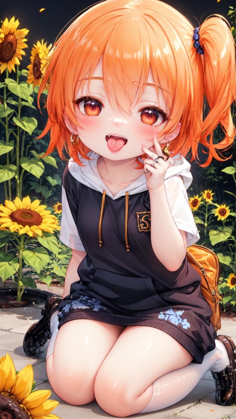  4349,4349,4349:1,hoshino hinata,Little girl(1.4),aged down,beautiful detailed girl,narrow waist,small breasts,Glowing skin,Delicate cute face,hoodie,short dress,fine fabric emphasis,ornate clothes,red eyes,beautiful detailed eyes,Glowing eyes,((half-closed eyes)),((orange hair)),((side ponytail,hair rings)),short hair,glowing hair,Extremely delicate hair,Thin leg,bobby socks,Slender fingers,steepled fingers,Shiny nails,mischievous smile(expression),hands on own face,:d,open mouth,tongue out,fangs out,long fang,beautiful detailed mouth,sunflower print(ornament),garden,fountain,hyper realistic,magic,8k,incredible quality,best quality,masterpiece,highly detailed,extremely detailed CG,cinematic lighting,backlighting,full body,high definition,detail enhancement,(perfect hands, perfect anatomy), hoshino hinata, loli