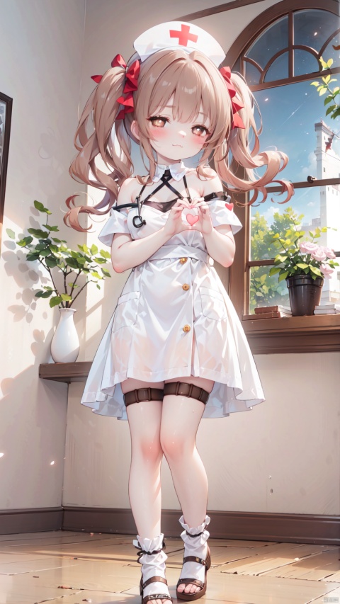 shirai kuroko,Little girl(1.5),aged down,beautiful detailed girl,Glowing skin,steaming body,narrow waist,(very small breasts),Delicate cute face,blush sticker,blush,(nurse),nurse cap,stethoscope,off shoulder,ornate clothes,torn dress,broken skirt,torn clothes,broken clothes,fine fabric emphasis,brown eyes,beautiful detailed eyes,Glowing eyes,((raised eyebrow,tsurime,half-closed eyes,heart-shaped pupils)),((brown hair)),((twintails,hair bow)),very long hair,glowing hair,Extremely delicate hair,Thin leg,thigh strap,white loose socks,brown footwear,Slender fingers,steepled fingers,shiny nails,((standing)), jewelry evil grin(expression),Evil smile,looking at viewer,:3,puffy cheeks,beautiful detailed mouth,heart(ornament),ruins,broken window,hyper realistic,magic,4k,incredible quality,best quality,masterpiece,highly detailed,extremely detailed CG,cinematic lighting,light particle,backlighting,full body,high definition,detail enhancement,(perfect hands, perfect anatomy),8k_wallpaper,extreme details,colorful, pop style