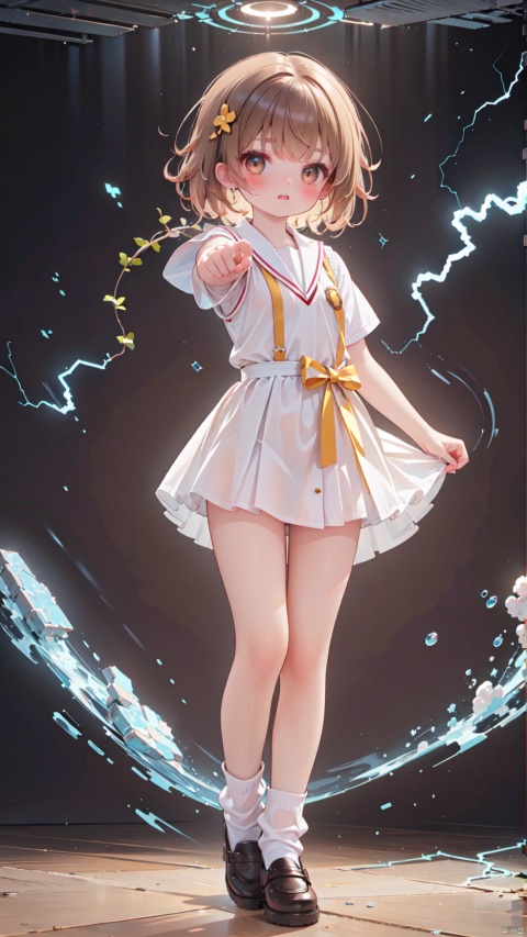 lightning background,misaka mikoto,Little girl(1.5),aged down,beautiful detailed girl,Glowing skin,steaming body,narrow waist,(very small breasts),Delicate cute face,blush sticker,blush,(tokiwadai school uniform),sweater vest,White shirt,electric arc surrounds the entire body,Body releases lightning outward,Purple electric arc injected into the girl's body,fine fabric emphasis,brown eyes,beautiful detailed eyes,Glowing eyes,((raised eyebrow,tsurime)),((brown hair)),((hair spread out,floating hair)),short hair,glowing hair,Extremely delicate hair,Thin leg,white loose socks,brown footwear,Slender fingers,steepled fingers,shiny nails,(beautiful detailed hands),((pointing at viewer,spell,electricity Surrounding Hand,Hand emitting electricity)), >:((expression),raised eyebrow,scowl,v-shaped eyebrows,clenched teeth,scowl at viewer,beautiful detailed mouth,lightning(ornament),bedroom,bed,too many electricity,hyper realistic,magic,4k,incredible quality,best quality,masterpiece,highly detailed,extremely detailed CG,cinematic lighting,light particle,backlighting,full body,high definition,detail enhancement,(perfect hands, perfect anatomy),8k_wallpaper,finely detailed,extreme details,colorful