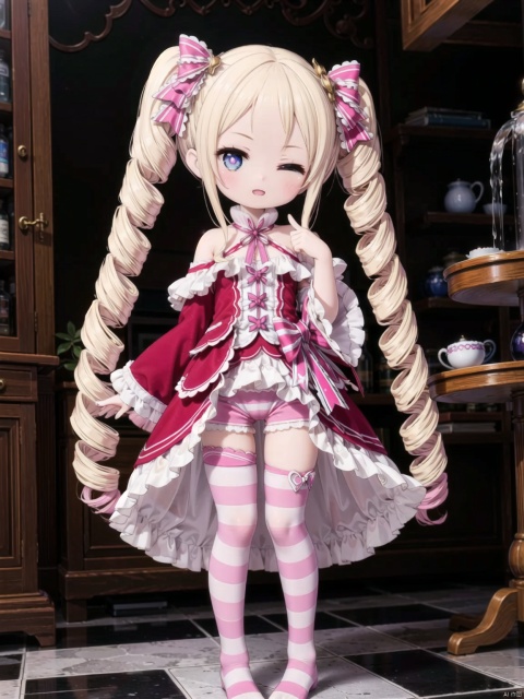  beatrice (re:zero),female child,Little girl（1.5）,aged down,beautiful detailed girl,narrow waist,small breasts,Glowing skin,Delicate cute face,off_shoulder,pink princess pajamas,(pink striped_legwear),white shorts under skirt,symbol-shaped_pupils,beautiful detailed eyes,((one eye closed)),((blonde hair)),(drill hair),parted bangs,forehead,Extremely delicate hair,bare legs,Thin leg,bare arms,Slender fingers,steepled fingers,pink nails,mischievous smile(expression),standing,finger to eye,open mouth,tongue out,beautiful detailed lips,heart(ornament),garden, fountain,hyper realistic,magic,8k,incredible quality,best quality,masterpiece,highly detailed,extremely detailed CG,cinematic lighting