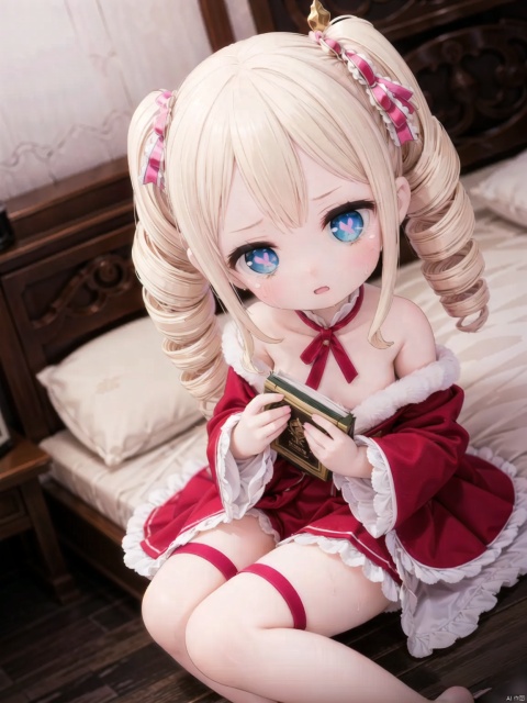  from above,beatrice (re:zero),female child,Little girl（1.5）,aged down,beautiful detailed girl,narrow waist,small breasts,Glowing skin,steaming body,Delicate cute face,off_shoulder,pink princess pajamas,pink striped_legwear,white shorts under skirt,symbol-shaped_pupils,beautiful detailed eyes,((narrowed eyes)),((blonde hair)),(drill hair),parted bangs,forehead,Extremely delicate hair,bare legs,Thin leg,bare arms,Slender fingers,steepled fingers,pink nails, tearful(expression),(on side at bed,blush sticker,blush),teardrop on the face,Tears on the chin,puffy cheeks,wavy mouth,beautiful detailed lips,sweat dripping from the body,wet and messy,sweat,open books(ornament),bedroom, ornate bed,There are bloodstains on the bed,hyper realistic,magic,8k,incredible quality,best quality,masterpiece,highly detailed,extremely detailed CG,cinematic lighting