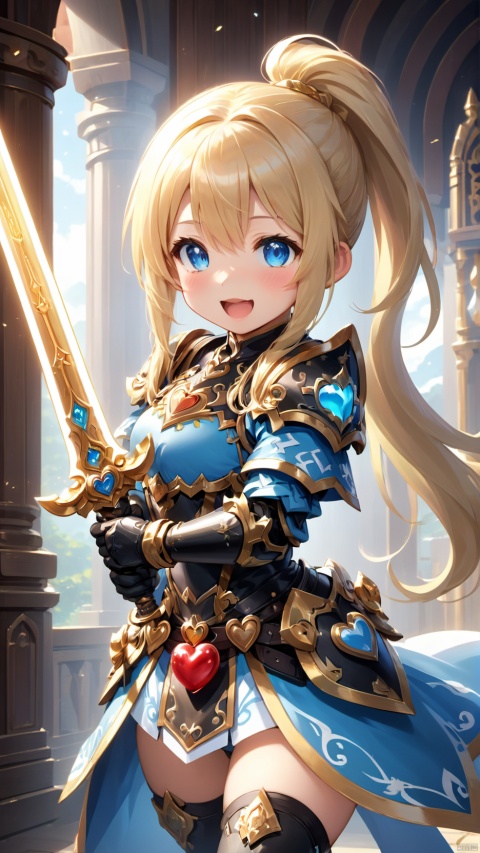 darkness (konosuba),paladin,petite child(1.5),aged down,chibi,extremely delicate and beautiful girls,narrow waist,Glowing skin,Delicate cute face,blush sticker,blush,knight armor,white and gold clothes,fine fabric emphasis,ornate clothes,((blue eyes)),beautiful detailed eyes,Glowing eyes,((heart-shaped pupils)),((blonde hair)),((ponytail,x hair ornament)),very long hair,Extremely delicate hair,Thin leg,black thighhighs,beautiful detailed fingers,steepled fingers,(beautiful detailed hands),((standing,Holding a long sword,ornate sword,attack  viewer)),ahegao(expression),smile,open mouth,tongue out,licking lips,drooling,fangs out,big fangs,puffy cheeks,beautiful detailed mouth,Looking down at viewer,semen in the mouth,heart(ornament),palace,shield decorated on the wall,hyper realistic,magic,8k,incredible quality,best quality,masterpiece,highly detailed,extremely detailed CG,cinematic lighting,backlighting,full body,high definition,detail enhancement,(perfect hands, perfect anatomy),8k_wallpaper,extreme details,colorful,