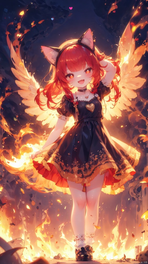  fiery background,annie (league of legends),Little girl(1.5),aged down,beautiful detailed girl,narrow waist,(very small breasts),Spray flames outwards from the entire body,Delicate cute face,choker,teddy bear,randoseru,gothic dress,red and black dress,fine fabric emphasis,Burning clothes,fiery wings,glowing wings,red eyes,beautiful detailed eyes,Glowing eyes,((half-closed eyes,heart-shaped pupils)),((red hair)),((hair spread out,cat ear hairband)),hair over shoulder,glowing hair,Extremely delicate hair,Thin leg,bobby socks,Slender fingers,steepled fingers,red nails,(standing,arm up,spell,Flame Surrounding Hand,Hand emitting flames),mischievous smile(expression),:d,open mouth,tongue out,fangs out,long fang,beautiful detailed mouth,fire(ornament),ruins,big teddy bear,Burning teddy bear,Spray flames outwards from the teddy bear,magma,hyper realistic,magic,8k,incredible quality,best quality,masterpiece,highly detailed,extremely detailed CG,cinematic lighting,backlighting,full body,high definition,detail enhancement,(perfect hands, perfect anatomy), shuiwa