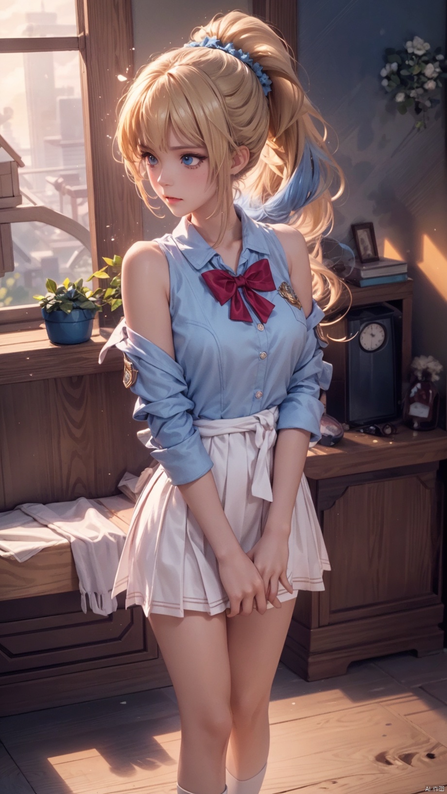  (cowboy shot,4349,4349,4349:1),kei karuizawa,loli,beautiful detailed girl,red school uniform jacket,open jacket,blue shirt,white skirt,fine fabric emphasis,ornate clothes,sabotaged clothes,torn clothes,broken clothes,torn shirt,off shoulder,narrow waist,beautiful breasts,Glowing skin,Delicate cute face,blue eyes eyes,beautiful detailed eyes,glowing eyes,((blonde hair)),((long hair,high ponytail,blue hair rings)),Glowing hair,Extremely delicate hair,Thin leg,white thighhighs,((beautiful detailed hands)),Slender fingers,pink nails,(standing,hands on own crotch),hungry(expression),wavy mouth,drooling,ruby(ornament),ruins,broken window,hyper realistic,magic,8k,incredible quality,best quality,masterpiece,highly detailed,extremely detailed CG,cinematic lighting,backlighting,full body,high definition,detail enhancement,(perfect hands, perfect anatomy),detail enhancement, colors