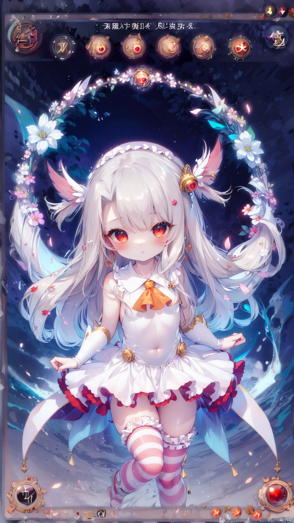  card background,prisma illya,illyasviel von einzbern (beast style),magical girl,1girl,petite child(1.5),aged down,chibi,extremely delicate and beautiful girls,narrow waist,((very small breasts)),Glowing skin,white beret,Delicate cute face,blush sticker,blush,serafuku,ascot,ornate clothes,fine fabric emphasis,red eyes,beautiful detailed eyes,Glowing eyes,((raised eyebrow)),((Silver hair)),((hair spread out,ribbon hair)),long hair,Glowing hair,Extremely delicate hair,Thin leg,striped_legwear,Slender fingers,steepled fingers,(beautiful detailed hands),((art shift,holding wand of Magic Ruby)),jitome(expression),puckered lips,looking down at viewer,puffy cheeks,beautiful detailed mouth,falling feathers(ornament),garden,pool,hyper realistic,magic,4k,incredible quality,best quality,masterpiece,highly detailed,extremely detailed CG,cinematic lighting,backlighting,full body,high definition,detail enhancement,(perfect hands, perfect anatomy),8k_wallpaper,extreme details,colorful