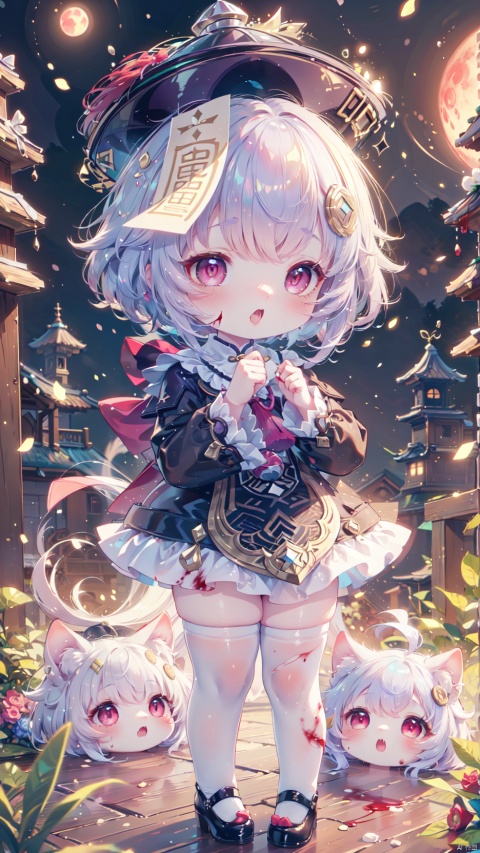  qiqi_(genshin_impact),jiangshi,1girl,petite child(1.5),aged down,chibi,extremely delicate and beautiful girls,Glowing skin,Delicate cute face,blush sticker,blush,ofuda,qing_guanmao,fine fabric emphasis,school uniform,ornate clothes,red eyes,devil pupils,beautiful detailed eyes,Glowing eyes,((tsurime)),raised eyebrow,((purple hair)),((Short hair,coin hair ornament)),Glowing hair,Extremely delicate hair,Thin leg,white thighhighs,torn thighhighs,Slender fingers,black nails,(beautiful detailed hands),(standing),>:(,(expression),raised eyebrows,blood on the face,blood on the chin,open mouth,tongue out,long tongue,mouth drool,big fangs,long fangs,heavy breathing,beautiful detailed mouth,looking at viewer,blood in the mouth,blood on the hair,blood on the face,too many blood drip dripping from the body,blood trail on between legs,blood drip(ornament),street,night,red moon,hyper realistic,magic,8k,incredible quality,best quality,masterpiece,highly detailed,extremely detailed CG,cinematic lighting,backlighting,full body,high definition,detail enhancement,(perfect hands, perfect anatomy),detail enhancement,shuiwa,流光