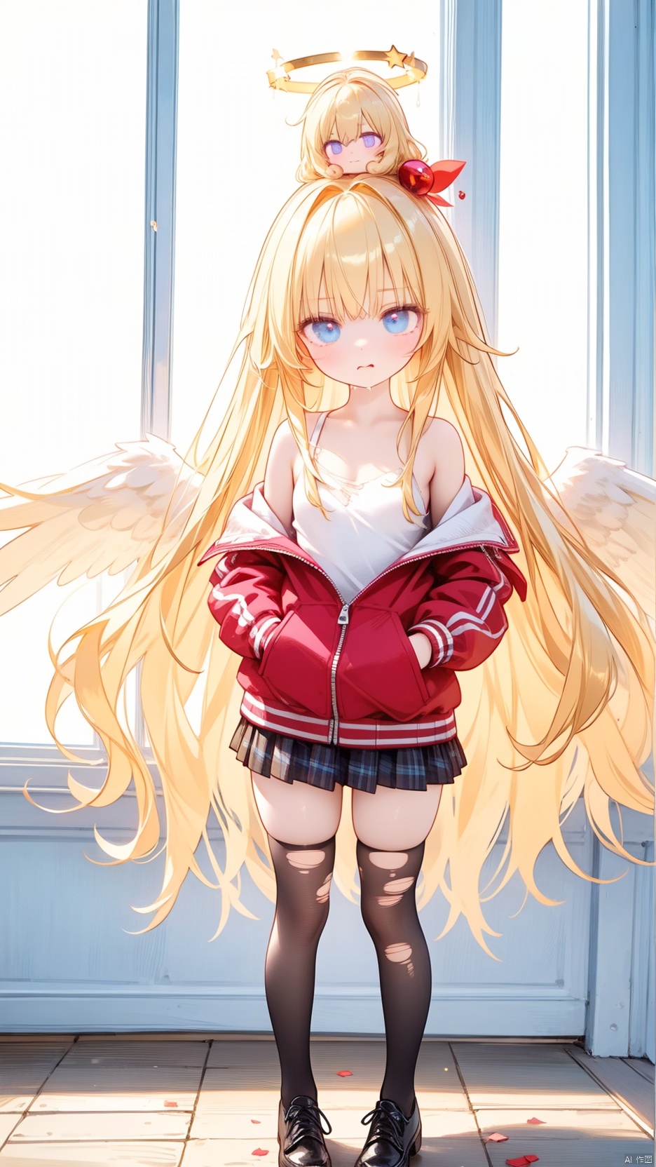  Tapris Sugarbell Chisaki,loli,beautiful detailed girl,black Angel Halo on head,red track jacket,open jacket,red checkered skirt,fine fabric emphasis,ornate clothes,sabotaged clothes,torn clothes,broken clothes,torn shirt,off shoulder,narrow waist,very small breasts,Glowing skin,Delicate cute face,blue eyes eyes,beautiful detailed eyes,glowing eyes,((blonde hair)),((very long hair,stray hair)),Glowing long hair,Extremely delicate hair,Thin leg,white thighhighs,((beautiful detailed hands)),Slender fingers,pink nails,(standing,hands on own crotch),hungry(expression),wavy mouth,drooling,ruby(ornament),ruins,broken window,hyper realistic,magic,8k,incredible quality,best quality,masterpiece,highly detailed,extremely detailed CG,cinematic lighting,backlighting,full body,high definition,detail enhancement,(perfect hands, perfect anatomy),detail enhancement, gabriel tenma white