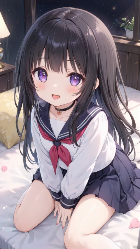 kimi ni matsuwaru mystery,(Chitanda Eru),chitanda eru,1girl,petite child(1.5),aged down,extremely delicate and beautiful girls,(exquisitely detailed skin),narrow waist,Delicate cute face,blush sticker,blush,choker,kamiyama high school uniform,dark blue sailor collar,dark blue skirt,long sleeves,ornate clothes,glowing clothes,fine fabric emphasis,purple eyes,beautiful detailed eyes,Glowing eyes,((sparkling eyes)),((black hair)),((straight hair,hair spread out)),very long hair,Extremely delicate hair,Thin leg,white thighhighs,Fine fingers,steepled nail,(beautiful detailed hands),((lying on bed,separated legs,index finger raised,v arms)),ahegao(expression),smile,open mouth,tongue out,licking lips,drooling,fangs out,big fangs,puffy cheeks,beautiful detailed mouth,looking up at viewer,semen in the mouth,heart(ornament),bedroom,ornate bed,hyper realistic,magic,4k,incredible quality,best quality,masterpiece,highly detailed,extremely detailed CG,cinematic lighting,light particle,backlighting,full body,high definition,detail enhancement,(perfect hands, perfect anatomy),8k_wallpaper,extreme details,colorful