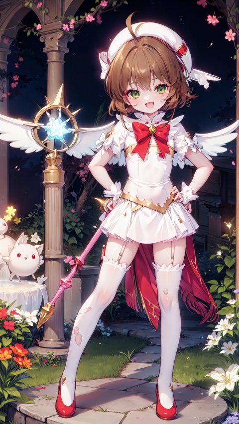  card background,kinomoto sakura,magical girl,loli,beautiful detailed girl,narrow waist,very small breasts,Glowing skin,Delicate cute face,glowing wings,transparent wings,torn clothes,broken clothes,transparent clothes,green eyes,beautiful detailed eyes,glowing eyes,(one eye closed),((brown hair)),((short hair,wing hair)),red hair bow,ahoge,Glowing hair,Extremely delicate hair,Thin leg,white legwear garter,beautiful detailed fingers,Slender fingers,steepled fingers,Shiny nails,standing,((hand on hips,hand up,holding staff)),mischievous smile(expression),open mouth,tongue out,fangs out,beautiful detailed mouth,looking at viewer,bow(ornament),garden, fountain,hyper realistic,magic,8k,incredible quality,best quality,masterpiece,highly detailed,extremely detailed CG,cinematic lighting,backlighting,full body,high definition,detail enhancement,(perfect hands, perfect anatomy), kinomoto sakura