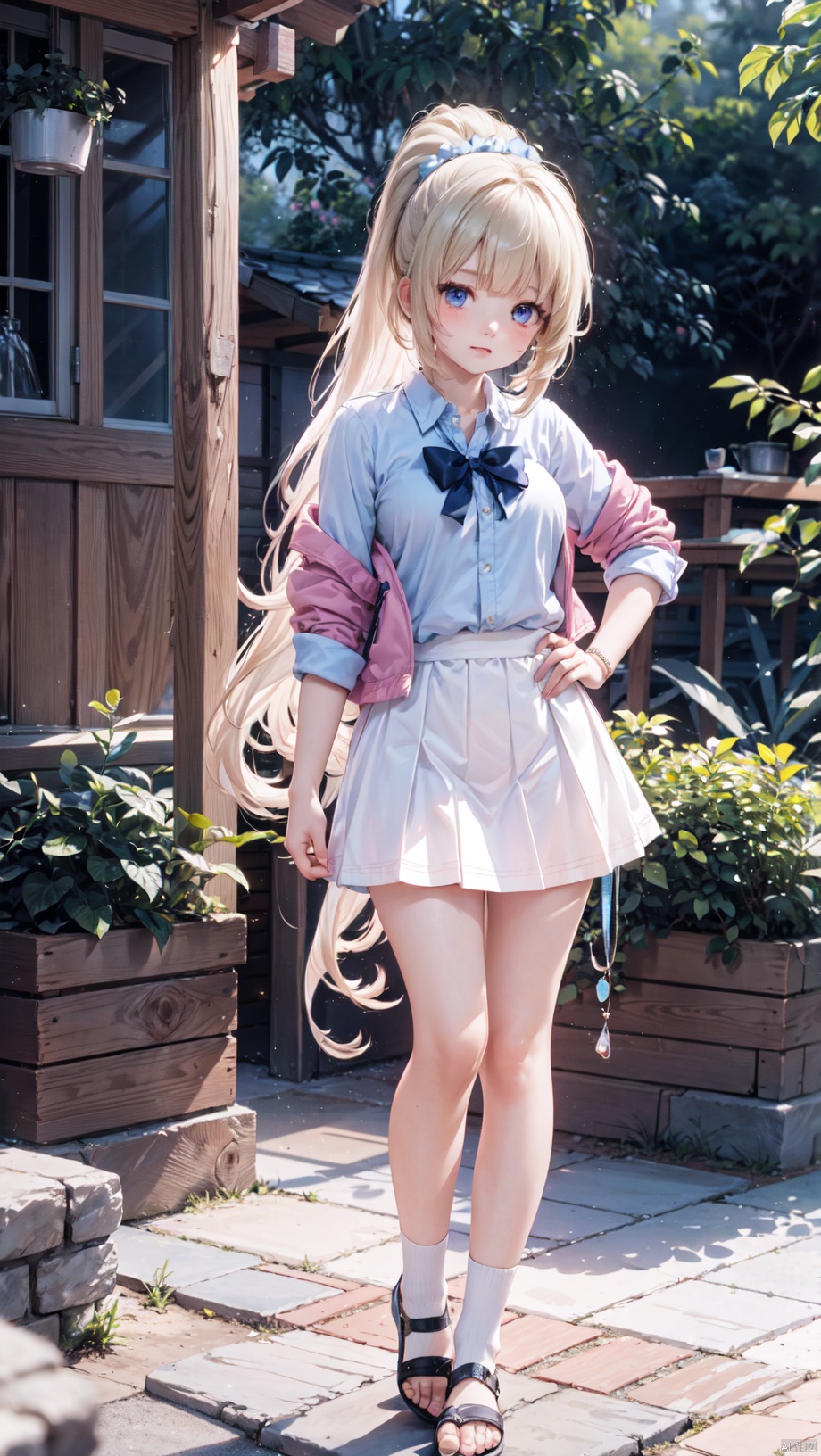 kei karuizawa,loli,beautiful detailed girl,red school uniform jacket,open jacket,blue shirt,white skirt,fine fabric emphasis,ornate clothes,sabotaged clothes,torn clothes,broken clothes,torn shirt,off shoulder,narrow waist,beautiful breasts,Glowing skin,Delicate cute face,blue eyes eyes,beautiful detailed eyes,glowing eyes,((blonde hair)),((long hair,high ponytail,hair rings)),Glowing hair,Extremely delicate hair,Thin leg,white thighhighs,((beautiful detailed hands)),Slender fingers,pink nails,(standing,hands on hips),tearful(expression),teardrop on the face,Tears on the chin,wavy mouth,mouth drool,bow(ornament),garden, fountain,hyper realistic,magic,8k,incredible quality,best quality,masterpiece,highly detailed,extremely detailed CG,cinematic lighting,backlighting,full body,high definition,detail enhancement,(perfect hands, perfect anatomy),detail enhancement