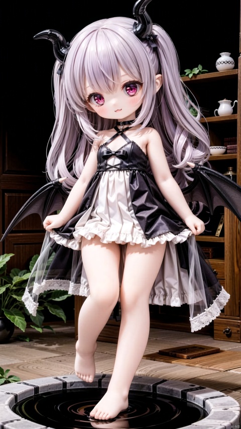 koakuma,female child,Little girl（1.5）,aged down,beautiful detailed girl,narrow waist,small breasts,Glowing skin,steaming body,demon horns,demon tail,bat wings,transparent wings,Delicate cute face,Black and red Gothic skirt,fine fabric emphasis,ornate clothes,red Eyes,beautiful detailed eyes,Glowing eyes,one eye closed,((Deep purple hair)),long hair,wavy hair,glowing hair,Extremely delicate longhair,bat hair ornament,Red Heart Necklace,bare legs,Thin leg,white kneehighs,bare arms,Slender fingers,steepled fingers,Shiny nails,mischievous smile(expression),(hands on hips),bent over,:3,beautiful detailed lips,face is covered in blood,blood trail(ornament),garden, fountain,hyper realistic,magic,8k,incredible quality,best quality,masterpiece,highly detailed,extremely detailed CG,cinematic lighting