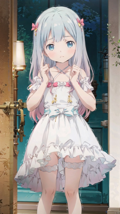  izumi sagiri,little girl(1.4),beautiful detailed girl,narrow waist,small breasts,pink areolae,Delicate cute face,nose blush,blush,bridal veil,wedding dress,bridal gauntlets,fine fabric emphasis,ornate clothes,aqua eyes,beautiful detailed eyes,half-closed eyes,((Silver gradient hair)),((hair slicked back)),glowing long hair,Extremely delicate longhair,Thin leg,white legwear garter,Slender fingers,steepled fingers,pink nails,tearful(expression),teardrop on the face,Tears on the chin,wavy mouth,beautiful detailed mouth,looking at viewer,pink hair bow(ornament),church,wedding,hyper realistic,magic,8k,incredible quality,best quality,masterpiece,highly detailed,extremely detailed CG,cinematic lighting,full body,high defin