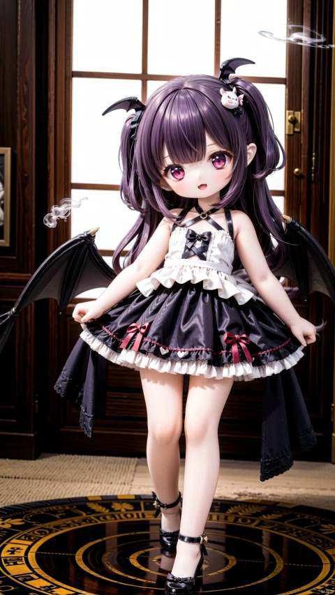 koakuma,female child,Little girl（1.5）,aged down,beautiful detailed girl,narrow waist,small breasts,Glowing skin,steaming body,demon horns,bat wings,transparent wings,Delicate cute face,Black and red Gothic skirt,fine fabric emphasis,ornate clothes,red Eyes,beautiful detailed eyes,Glowing eyes,(one eye closed),((Deep purple hair)),long hair,wavy hair,glowing hair,Extremely delicate longhair,bat hair ornament,Red Heart Necklace,bare legs,Thin leg,bare arms,Slender fingers,steepled fingers,Shiny nails,mischievous smile(expression),hands on own cheek,open mouth,tongue out,fangs out,beautiful detailed lips,Blood drips from the mouth,bat(ornament),garden, fountain,hyper realistic,magic,8k,incredible quality,best quality,masterpiece,highly detailed,extremely detailed CG,cinematic lighting