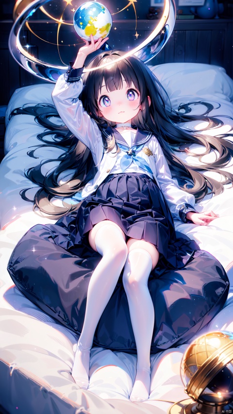 kimi ni matsuwaru mystery,(Chitanda Eru),1girl,petite child(1.5),aged down,extremely delicate and beautiful girls,(exquisitely detailed skin),narrow waist,Delicate cute face,blush sticker,blush,choker,kamiyama high school uniform,dark blue sailor collar,((dark blue skirt,ornate clothes)),partially undressed,fine fabric emphasis,purple eyes,beautiful detailed eyes,Glowing eyes,((star-shaped pupils,half-closed eyes)),((black hair)),((straight hair,hair spread out)),very long hair,Extremely delicate hair,Thin leg,white thighhighs,no shoes,Fine fingers,steepled nail,(beautiful detailed hands),((lying,arm up,rubbing eyes)),sleepy(expression),troubled eyebrows,wavy mouth,puffy cheeks,beautiful detailed mouth,looking up at viewer,constellation(ornament),celestial globe,meteor shower,starry sky,hyper realistic,magic,4k,incredible quality,best quality,masterpiece,highly detailed,extremely detailed CG,cinematic lighting,light particle,backlighting,full body,high definition,detail enhancement,(perfect hands, perfect anatomy),8k_wallpaper,extreme details,colorful