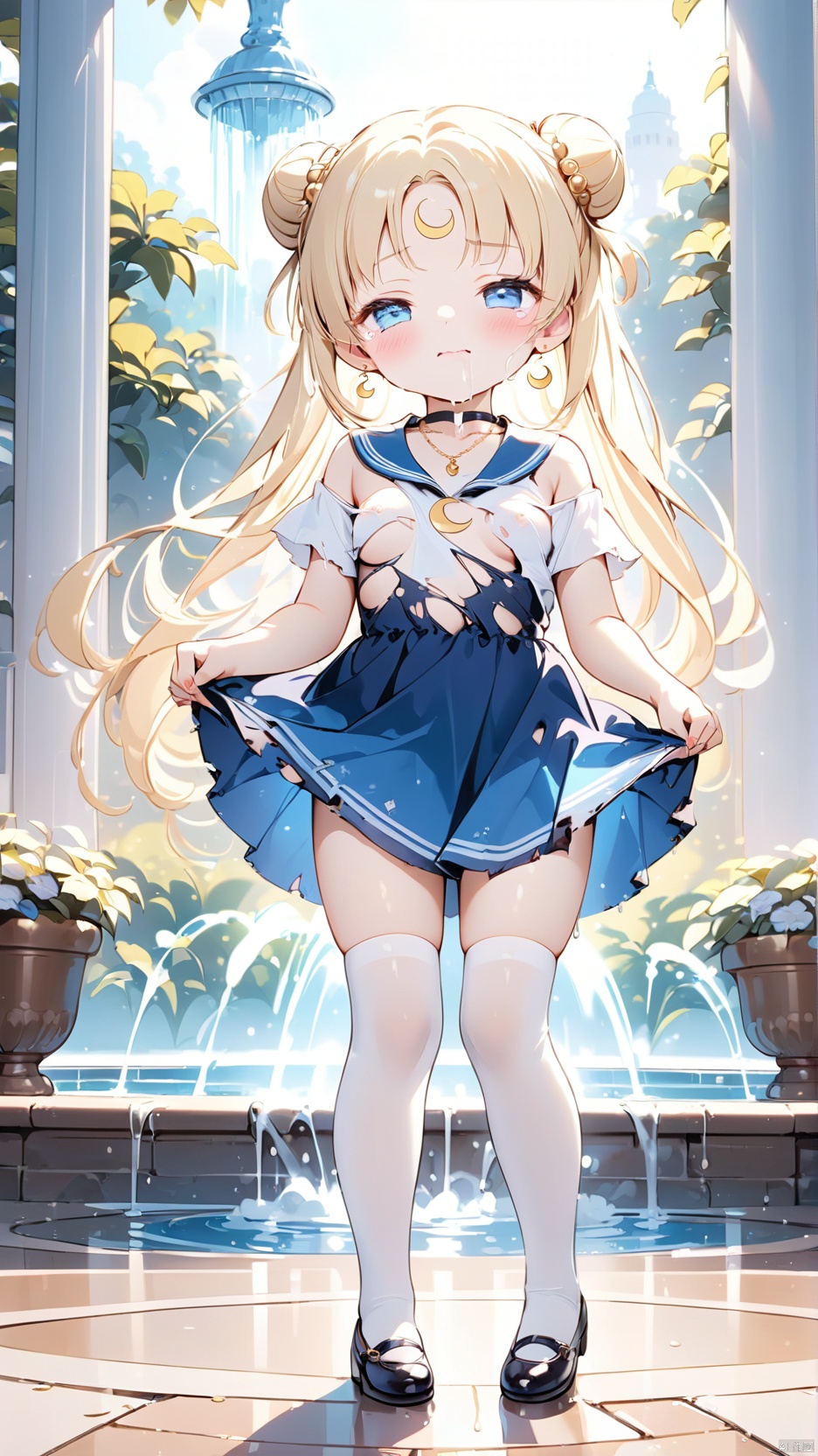  tsukino usagi,qanime,1girl,petite child(1.5),aged down,chibi,extremely delicate and beautiful girls,(exquisitely detailed skin),((very small breasts)),narrow waist,Delicate cute face,forehead mark,crescent at forehead,crescent earrings,blush sticker,blush,choker,casual,blue sailor collar,((blue skirt)),off shoulder,open clothes,torn dress,sabotaged clothes,torn clothes,broken clothes,torn shirt,Blue eyes,beautiful detailed eyes,Glowing eyes,((half-closed eyes,tsurime)),((blonde hair)),((double bun,parted bangs,hair bun, hair ornament,head rest)),very long hair,Extremely delicate hair,Thin leg,white thighhighs,torn thighhighs,Fine fingers,steepled nail,(beautiful detailed hands),((**********)),shy(expression),looking to the side,teardrop on the face,Tears on the chin,wavy mouth,beautiful detailed mouth,semen on the chin,semen on the hair,semen on the face,too many semen on the breasts,too many semen dripping from the body,blood on between legs,Golden Star(ornament),garden,fountain,gold chain necklace,hyper realistic,magic,4k,incredible quality,best quality,masterpiece,highly detailed,extremely detailed CG,cinematic lighting,light particle,backlighting,full body,high definition,detail enhancement,(perfect hands, perfect anatomy),8k_wallpaper,extreme details,colorful