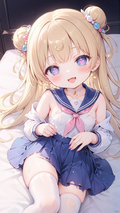  tsukino usagi,qanime,1girl,petite child(1.5),aged down,chibi,extremely delicate and beautiful girls,(exquisitely detailed skin),((very small breasts)),narrow waist,Delicate cute face,forehead mark,crescent at forehead,crescent earrings,blush sticker,blush,choker,serafuku,blue sailor collar,((blue skirt)),off shoulder,open clothes,torn dress,sabotaged clothes,torn clothes,broken clothes,torn shirt,Blue eyes,beautiful detailed eyes,Glowing eyes,((half-closed eyes,heart-shaped pupils)),((blonde hair)),((double bun,parted bangs,hair bun, hair ornament,head rest)),very long hair,Extremely delicate hair,Thin leg,white thighhighs,torn thighhighs,Fine fingers,steepled nail,(beautiful detailed hands),((lying on bed,separated legs,hand on own crotch)),ahegao(expression),smile,open mouth,tongue out,licking lips,drooling,fangs out,big fangs,puffy cheeks,beautiful detailed mouth,looking at viewer,semen in the mouth,semen on the hair,semen on the face,too many semen on the breasts,too many semen dripping from the body,blood on between legs,wet and messy,sweat,semen(ornament),bedroom,ornate bed,hyper realistic,magic,4k,incredible quality,best quality,masterpiece,highly detailed,extremely detailed CG,cinematic lighting,light particle,backlighting,full body,high definition,detail enhancement,(perfect hands, perfect anatomy),8k_wallpaper,extreme details,colorful