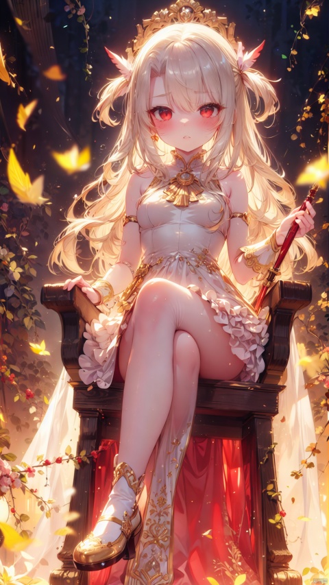  card background,from below,prisma illya,illyasviel von einzbern (beast style),magical girl,1girl,petite child(1.5),aged down,chibi,extremely delicate and beautiful girls,narrow waist,((very small breasts)),Delicate cute face,blush sticker,blush,princess crown,ornate crown,princess dress,pink dress,ornate clothes,fine fabric emphasis,red eyes,beautiful detailed eyes,Glowing eyes,((half-closed eyes,tsurime)),((Silver hair)),((hair spread out,ribbon hair)),long hair,Glowing hair,Extremely delicate hair,Thin leg,striped_legwear,Slender fingers,steepled fingers,(beautiful detailed hands),((sitting on throne,crossed legs,holding wand of Magic Ruby)),gesugao(expression),jitome,raised eyebrow,scowl,v-shaped eyebrows,clenched teeth,puckered lips,looking down at viewer,puffy cheeks,beautiful detailed mouth,falling feathers(ornament),ornate throne,palace,hyper realistic,magic,4k,incredible quality,best quality,masterpiece,highly detailed,extremely detailed CG,cinematic lighting,backlighting,full body,high definition,detail enhancement,(perfect hands, perfect anatomy),8k_wallpaper,extreme details,colorful