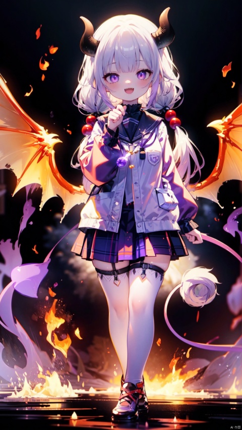 (fiery background,4349,4349,4349:1),KannaKamui,Little girl(1.8),aged down,beautiful detailed girl,narrow waist,small breasts,Glowing skin,Spray flames outwards from the entire body,Delicate cute face,School uniform,fiery wings,glowing wings,dragon horns,dragon tail,Flame cloak,Burning clothes,red eyes,beautiful detailed eyes,Glowing eyes,((flaming eye)),((silver purple gradient hair)),((twintails,hair beads)),floating hair,flaming hair,Extremely delicate longhair,Thin leg,white legwear garter,Slender fingers,steepled fingers,Shiny nails,(standing,paw pose,Flame Surrounding Hand,Hand emitting flames),mischievous smile(expression),open mouth,fangs out,beautiful detailed mouth,heart(ornament),hell,volcano,magma,hyper realistic,magic,8k,incredible quality,best quality,masterpiece,highly detailed,extremely detailed CG,cinematic lighting,backlighting,full body,high definition,detail enhancement,(perfect hands, perfect anatomy),detail enhancement