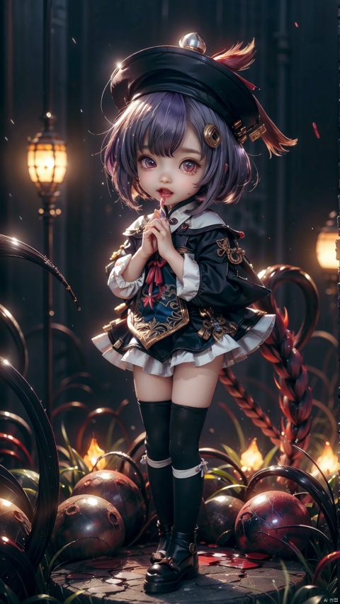  qiqi_(genshin_impact),jiangshi,1girl,petite child(1.5),aged down,chibi,extremely delicate and beautiful girls,Glowing skin,Delicate cute face,blush sticker,blush,ofuda,qing_guanmao,fine fabric emphasis,school uniform,ornate clothes,red eyes,devil pupils,beautiful detailed eyes,Glowing eyes,((tsurime)),raised eyebrow,((purple hair)),((Short hair,coin hair ornament)),Glowing hair,Extremely delicate hair,Thin leg,white thighhighs,torn thighhighs,Slender fingers,black nails,(beautiful detailed hands),(standing,hands up,hands on own cheeks),>:(,(expression),raised eyebrows,blood on the face,blood on the chin,open mouth,tongue out,long tongue,mouth drool,big fangs,long fangs,heavy breathing,beautiful detailed mouth,looking at viewer,blood in the mouth,blood on the hair,blood on the face,too many blood drip dripping from the body,blood trail on between legs,blood drip(ornament),street,night,red moon,hyper realistic,magic,8k,incredible quality,best quality,masterpiece,highly detailed,extremely detailed CG,cinematic lighting,backlighting,full body,high definition,detail enhancement,(perfect hands, perfect anatomy),detail enhancement
