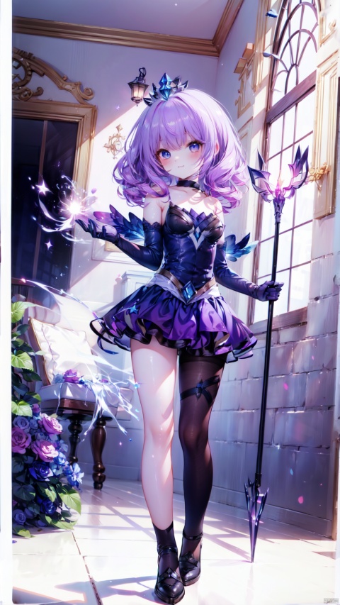  lux (league of legends),1girl,petite child(1.5),aged down,extremely delicate and beautiful girls,narrow waist,((very small breasts)),Glowing skin,Delicate cute face,blush sticker,blush,(crystal crown),choker,purple dress,gloves,elbow gloves,bare shoulders,ornate clothes,fine fabric emphasis,blue eyes,beautiful detailed eyes,Glowing eyes,((red mole under eye)),((purple hair)),((hair over shoulder,wavy hair)),Glowing hair,Extremely delicate hair,Thin leg,bare legs,Slender fingers,steepled fingers,(beautiful detailed hands),((standing,art shift,spell)),mischievous smile(expression),looking down at viewer,:3,puffy cheeks,Raising the corners of the mouth,beautiful detailed mouth,looking down at viewer,star(ornament),garden,fountain,hyper realistic,magic,8k,incredible quality,best quality,masterpiece,highly detailed,extremely detailed CG,cinematic lighting,backlighting,full body,high definition,detail enhancement,(perfect hands, perfect anatomy),8k_wallpaper,extreme details,colorful