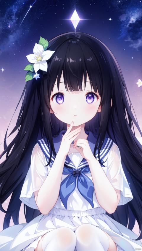  from above,kimi ni matsuwaru mystery,(Chitanda Eru),1girl,loli,extremely delicate and beautiful girls,(exquisitely detailed skin),narrow waist,Delicate cute face,blush sticker,blush,choker,kamiyama high school uniform,dark blue sailor collar,(dark blue skirt,ornate clothes),glowing wings,transparent wings,purple eyes,beautiful detailed eyes,Glowing eyes,((star-shaped pupils,half-closed eyes)),((black hair)),((straight hair,hair spread out)),very long hair,Extremely delicate hair,Thin leg,white thighhighs,no shoes,Fine fingers,steepled nail,(beautiful detailed hands),((lying,on side)),sleepy(expression),troubled eyebrows,puffy cheeks,beautiful detailed mouth,looking up at viewer,constellation(ornament),milky way,meteor shower,starry sky,hyper realistic,magic,4k,incredible quality,best quality,masterpiece,highly detailed,extremely detailed CG,cinematic lighting,light particle,backlighting,full body,high definition,detail enhancement,(perfect hands, perfect anatomy),8k_wallpaper,extreme details,colorful, , hyouka, shuiwa