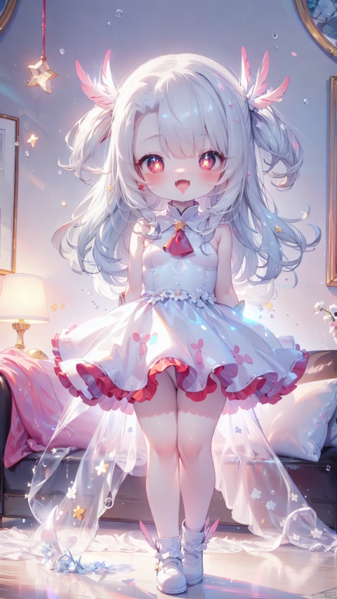 prisma illya,illyasviel von einzbern (beast style),magical girl,1girl,petite child(1.5),aged down,chibi,extremely delicate and beautiful girls,narrow waist,((very small breasts)),Glowing skin,transparent wings,Glowing wings,Delicate cute face,blush sticker,blush,red print china dress,ornate clothes,fine fabric emphasis,red eyes,beautiful detailed eyes,Glowing eyes,((star-shaped pupils)),((Silver hair)),((two side up,feather hair ornament)),very long hair,Glowing hair,Extremely delicate hair,Thin leg,bare legs,Slender fingers,steepled fingers,(beautiful detailed hands),((hand up,v arms)),ahegao(expression),smile,open mouth,tongue out,licking lips,drooling,fangs out,big fangs,puffy cheeks,beautiful detailed mouth,looking at viewer,pudding(ornament),living room,couch,hyper realistic,magic,8k,incredible quality,best quality,masterpiece,highly detailed,extremely detailed CG,cinematic lighting,backlighting,full body,high definition,detail enhancement,(perfect hands, perfect anatomy),8k_wallpaper,extreme details,colorful,
