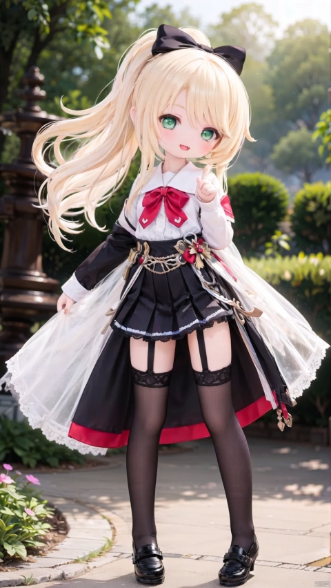 himenoa,Little girl(1.5),aged down,beautiful detailed girl,narrow waist,small breasts,Glowing skin,Delicate cute face,School uniform,red bow,red randoseru,cutoffs,fine fabric emphasis,ornate clothes,green eyes,beautiful detailed eyes,Glowing eyes,((half-closed eyes)),((blonde hair)),((high ponytail,hair bow)),long hair,glowing long hair,Extremely delicate longhair,ahoge,Thin leg,white legwear garter,Slender fingers,steepled fingers,Shiny nails,mischievous smile(expression),standing,finger gun,aiming at viewer,open mouth,tongue out,beautiful detailed mouth,heart(ornament),garden,fountain,hyper realistic,magic,8k,incredible quality,best quality,masterpiece,highly detailed,extremely detailed CG,cinematic lighting,backlighting,full body,high definition,detail enhancement,(perfect hands, perfect anatomy),detail enhancement