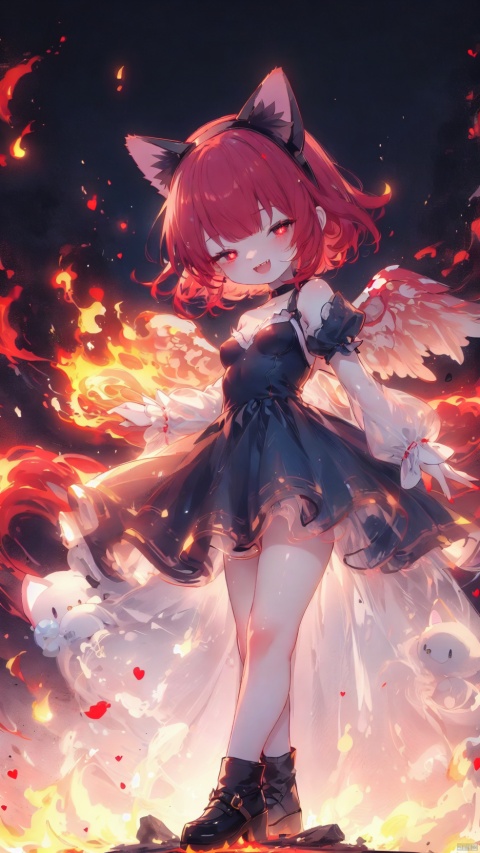  fiery background,annie (league of legends),Little girl(1.5),aged down,beautiful detailed girl,narrow waist,(very small breasts),Spray flames outwards from the entire body,Delicate cute face,choker,teddy bear,randoseru,gothic dress,red and black dress,fine fabric emphasis,Burning clothes,fiery wings,glowing wings,red eyes,beautiful detailed eyes,Glowing eyes,((half-closed eyes,heart-shaped pupils)),((red hair)),((hair spread out,cat ear hairband)),hair over shoulder,glowing hair,Extremely delicate hair,Thin leg,bobby socks,Slender fingers,steepled fingers,red nails,(standing,arm up,spell,Flame Surrounding Hand,Hand emitting flames),mischievous smile(expression),:d,open mouth,tongue out,fangs out,long fang,beautiful detailed mouth,fire(ornament),ruins,broken window,magma,hyper realistic,magic,8k,incredible quality,best quality,masterpiece,highly detailed,extremely detailed CG,cinematic lighting,backlighting,full body,high definition,detail enhancement,(perfect hands, perfect anatomy)